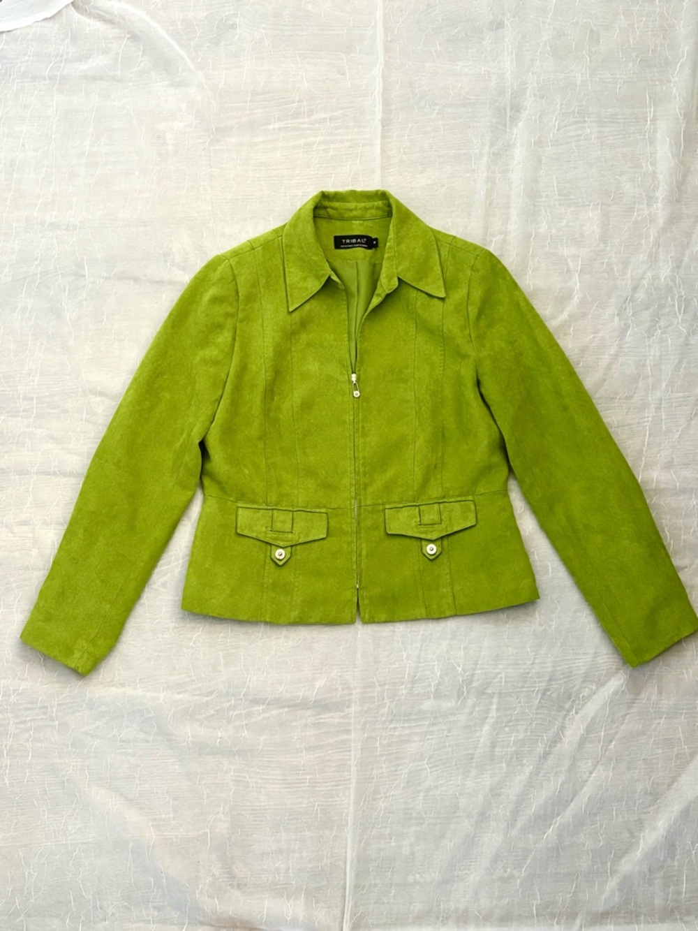 Tribal Green Faux Suede Zip-Front Jacket
